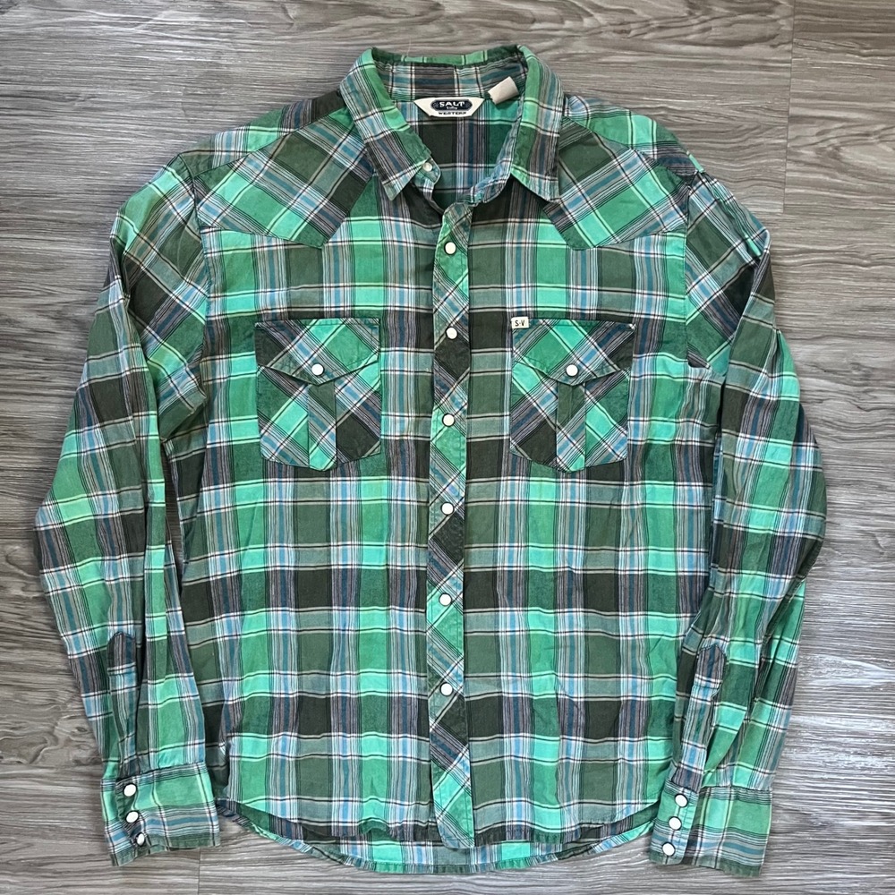 Salt Valley Western Mens Green Plaid Snap Front Cowboy Long Sleeve Shirt Medium